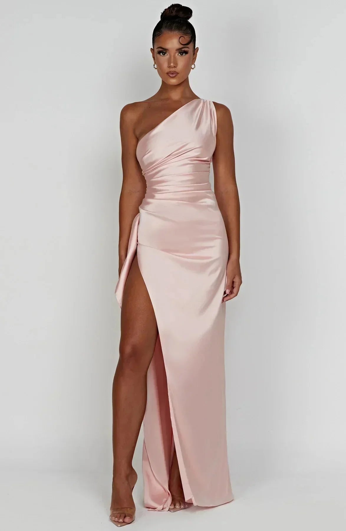 Women One Shoulder Draped Maxi Dress High Slit Formal Gown - Image 7