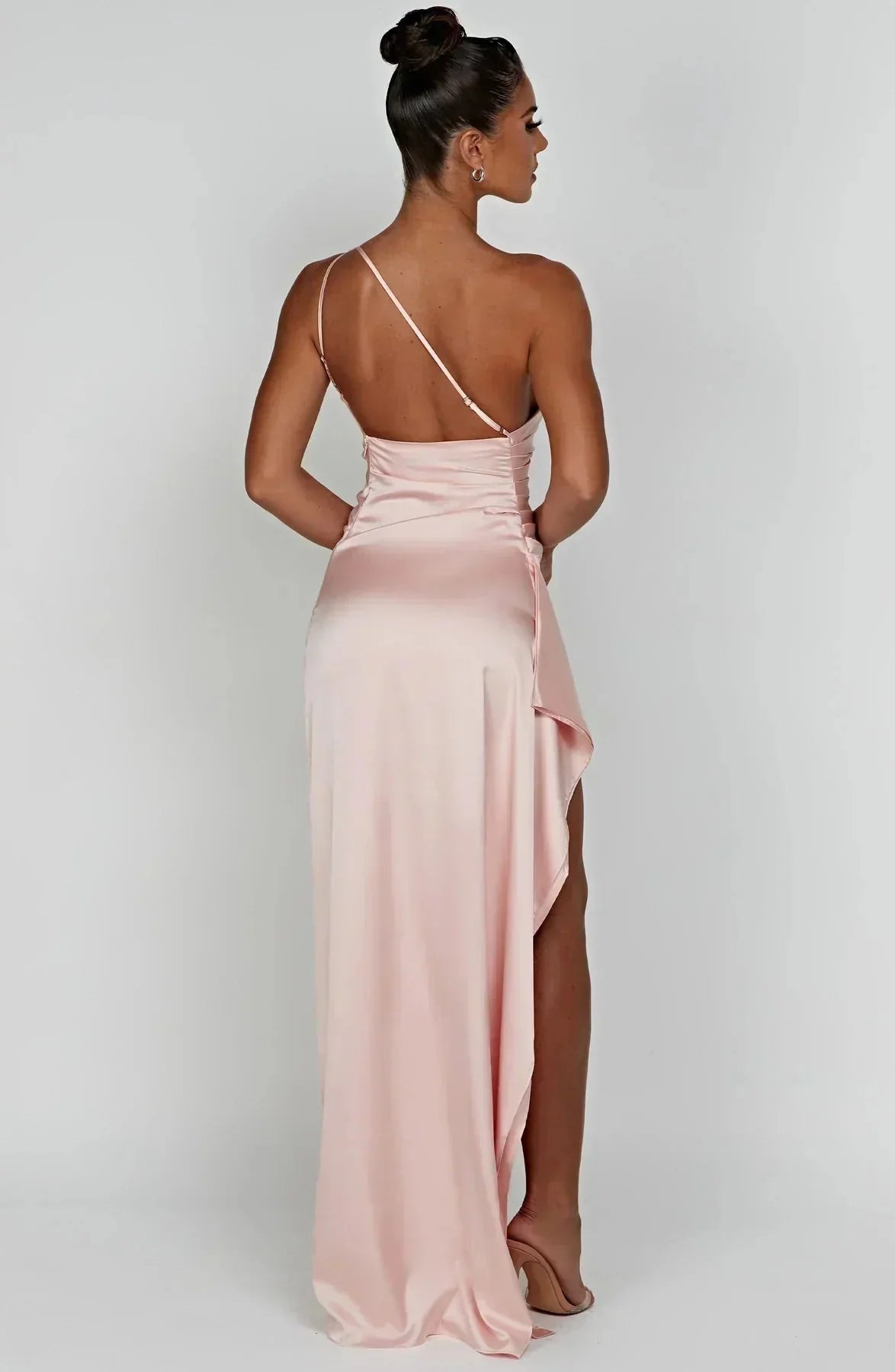 Women One Shoulder Draped Maxi Dress High Slit Formal Gown - Image 8