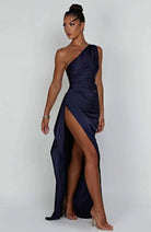 Women One Shoulder Draped Maxi Dress High Slit Formal Gown - Image 9