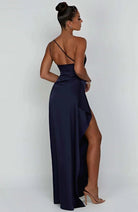 Women One Shoulder Draped Maxi Dress High Slit Formal Gown - Image 10