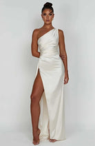 Women One Shoulder Draped Maxi Dress High Slit Formal Gown - Image 11