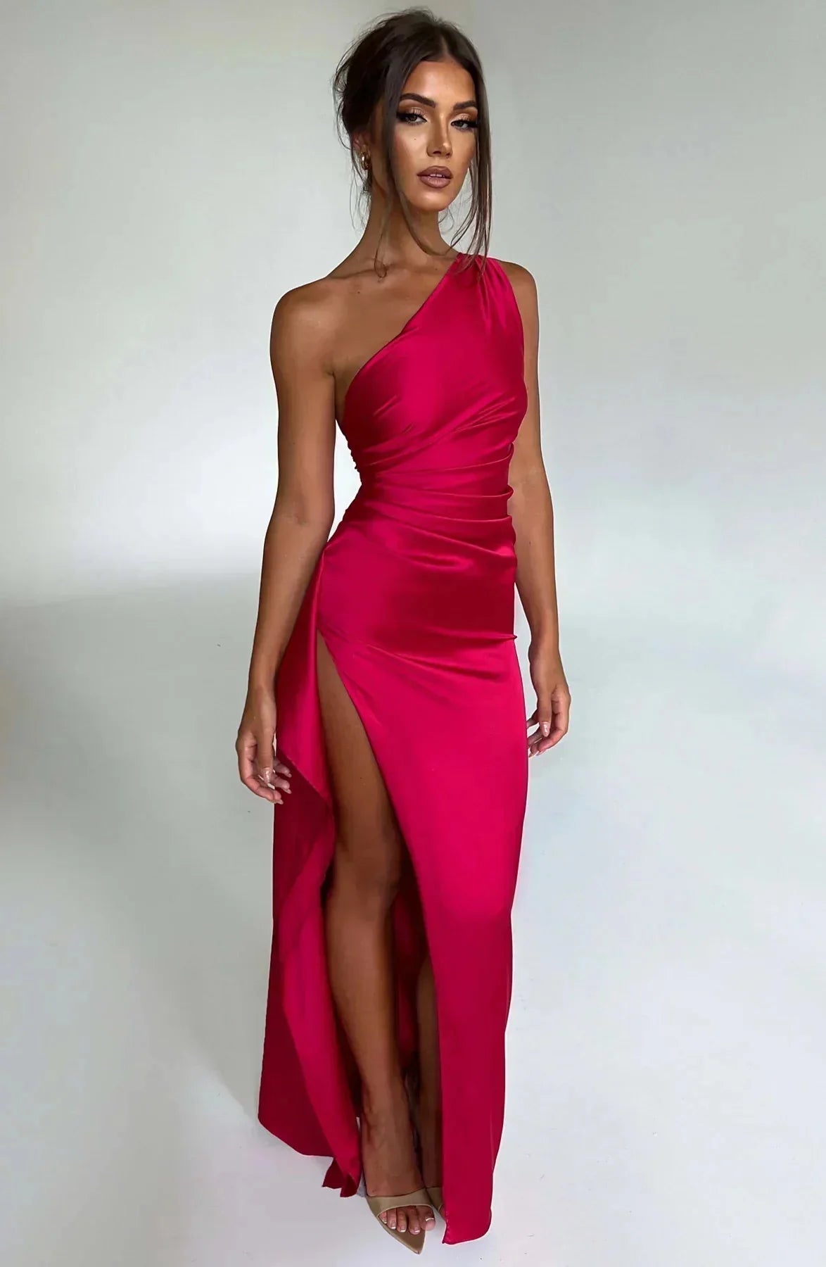 Women One Shoulder Draped Maxi Dress High Slit Formal Gown - Image 3