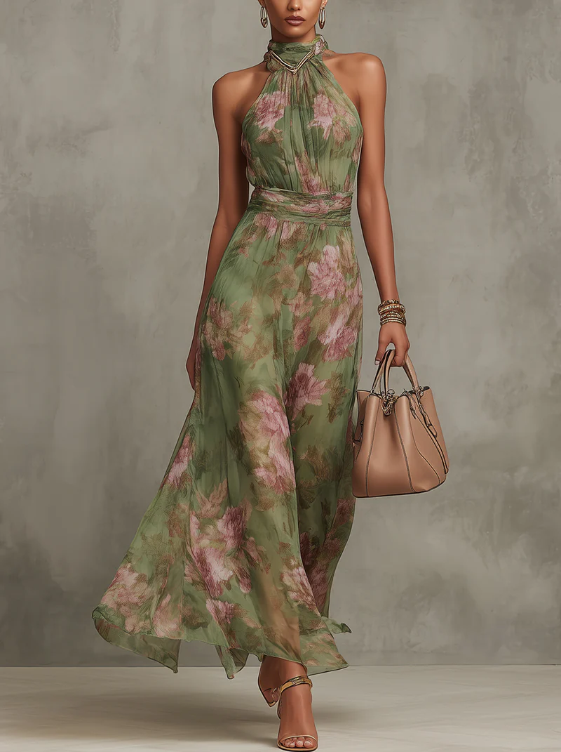 Women Halterneck Floral Maxi Dress Sleeveless
