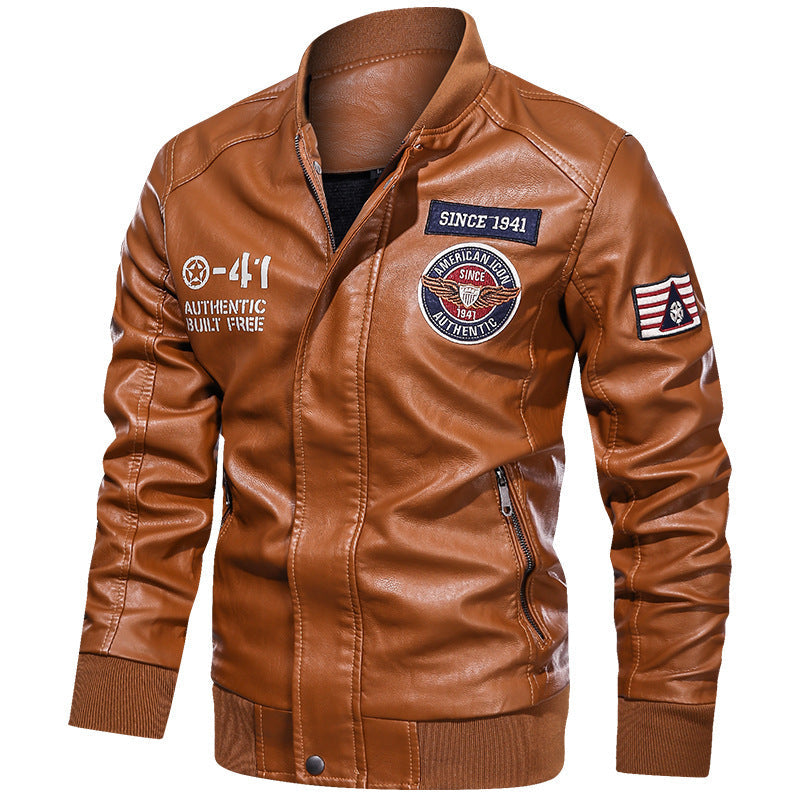 Men's Bomber Jacket with Embroidered Patches and Zip Pockets