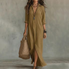 Women Linen Collared Button Front Maxi Dress Side Slit - Image 5