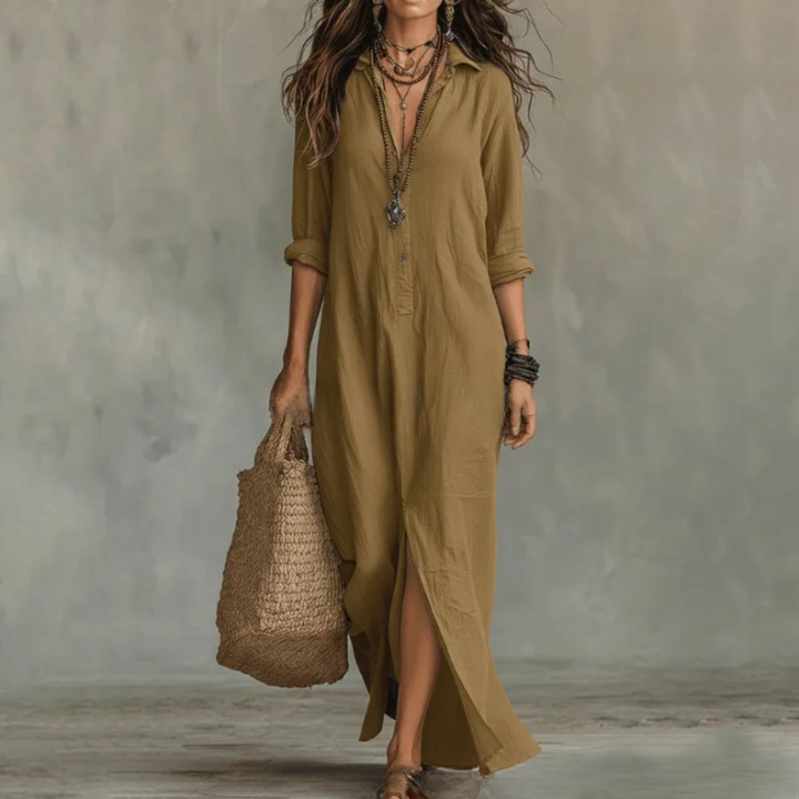 Women Linen Collared Button Front Maxi Dress Side Slit - Image 5