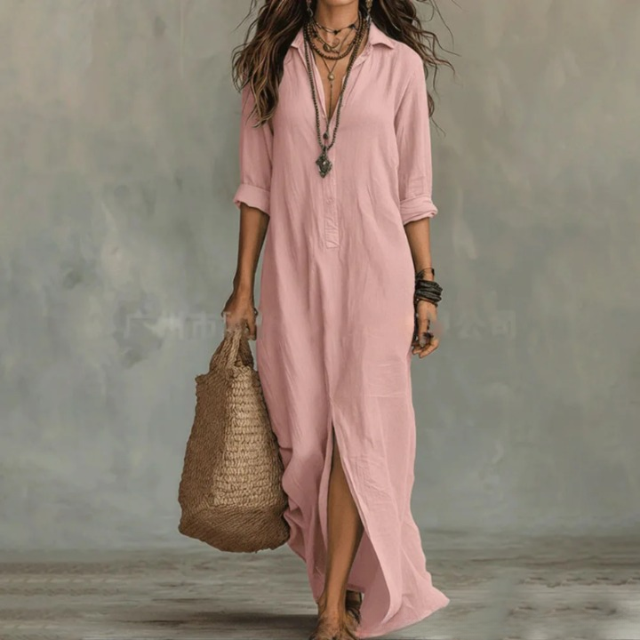Women Linen Collared Button Front Maxi Dress Side Slit - Image 4