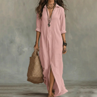 Women Linen Collared Button Front Maxi Dress Side Slit - Image 4