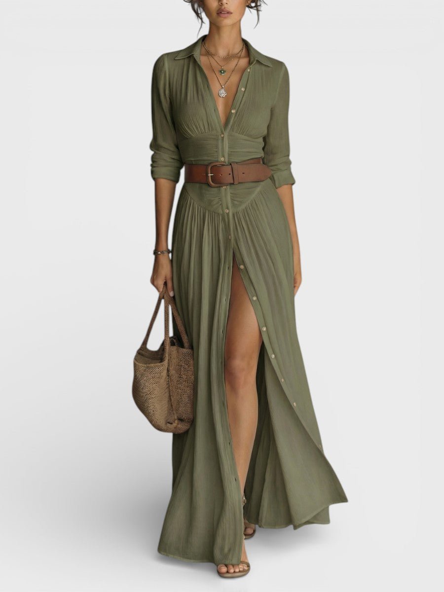 Women's Button Down Belted Maxi Shirt Dress - Image 3