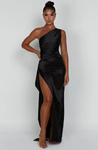 Women One Shoulder Pleated Satin Maxi Dress Slit Formal Gown - Image 31