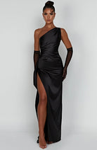Women One Shoulder Pleated Satin Maxi Dress Slit Formal Gown - Image 24