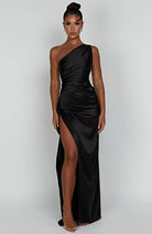 Women One Shoulder Pleated Satin Maxi Dress Slit Formal Gown - Image 28