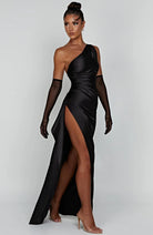 Women One Shoulder Pleated Satin Maxi Dress Slit Formal Gown - Image 30