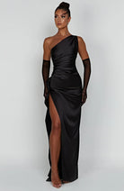Women One Shoulder Pleated Satin Maxi Dress Slit Formal Gown - Image 26