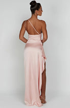 Women One Shoulder Pleated Satin Maxi Dress Slit Formal Gown - Image 13