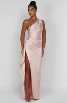 Women One Shoulder Pleated Satin Maxi Dress Slit Formal Gown - Image 10