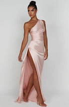 Women One Shoulder Pleated Satin Maxi Dress Slit Formal Gown - Image 9