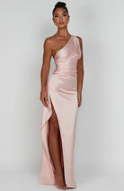 Women One Shoulder Pleated Satin Maxi Dress Slit Formal Gown - Image 11