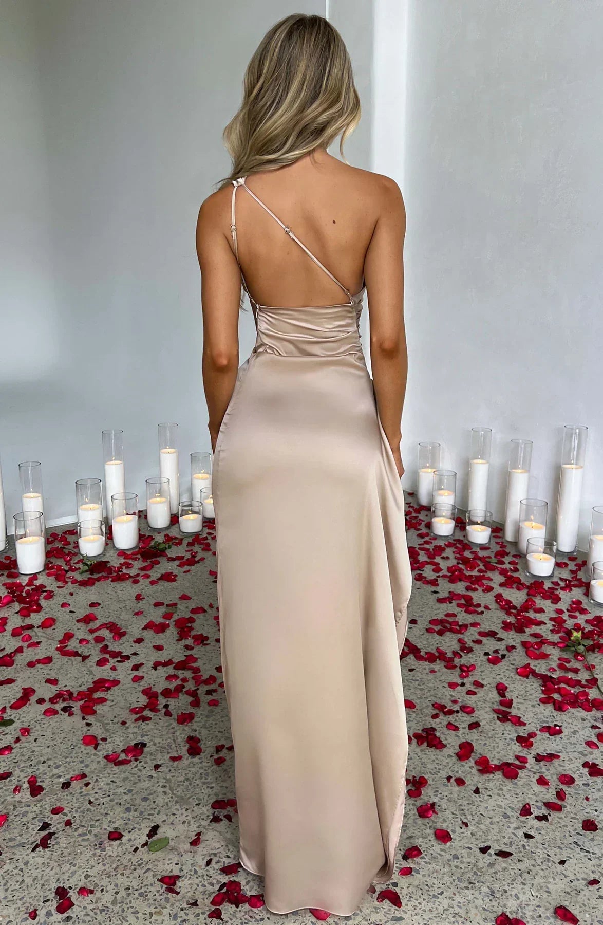 Women One Shoulder Pleated Satin Maxi Dress Slit Formal Gown - Image 5