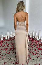 Women One Shoulder Pleated Satin Maxi Dress Slit Formal Gown - Image 5