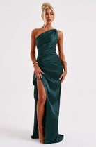 Women One Shoulder Pleated Satin Maxi Dress Slit Formal Gown - Image 60