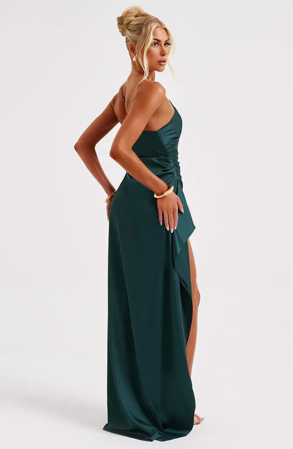 Women One Shoulder Pleated Satin Maxi Dress Slit Formal Gown - Image 62