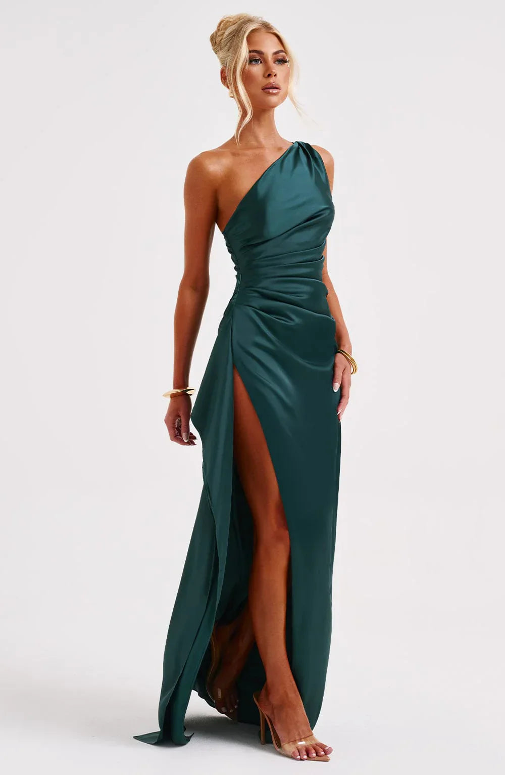 Women One Shoulder Pleated Satin Maxi Dress Slit Formal Gown - Image 61