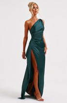 Women One Shoulder Pleated Satin Maxi Dress Slit Formal Gown - Image 61