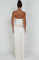 Women One Shoulder Pleated Satin Maxi Dress Slit Formal Gown - Image 35