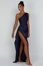 Women One Shoulder Pleated Satin Maxi Dress Slit Formal Gown - Image 16