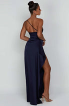 Women One Shoulder Pleated Satin Maxi Dress Slit Formal Gown - Image 20
