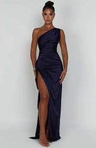 Women One Shoulder Pleated Satin Maxi Dress Slit Formal Gown - Image 22