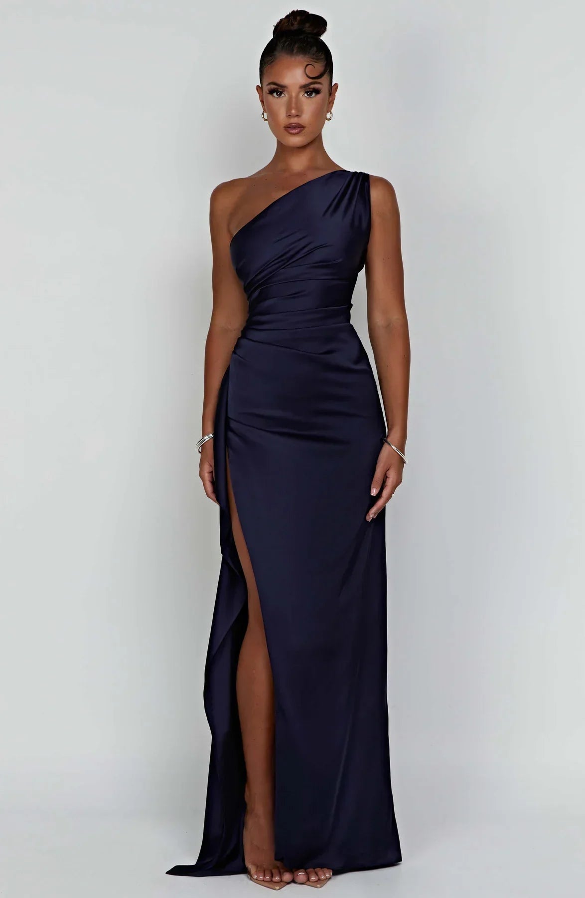 Women One Shoulder Pleated Satin Maxi Dress Slit Formal Gown - Image 18