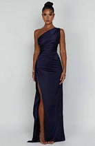 Women One Shoulder Pleated Satin Maxi Dress Slit Formal Gown - Image 18