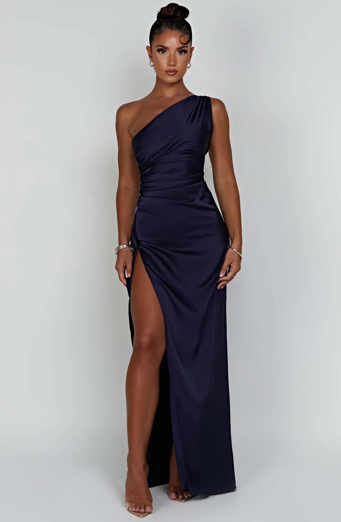 Women One Shoulder Pleated Satin Maxi Dress Slit Formal Gown - Image 19