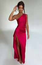 Women One Shoulder Pleated Satin Maxi Dress Slit Formal Gown - Image 3