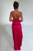 Women One Shoulder Pleated Satin Maxi Dress Slit Formal Gown - Image 2