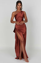 Women One Shoulder Pleated Satin Maxi Dress Slit Formal Gown - Image 45