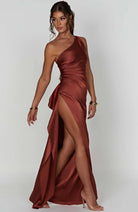 Women One Shoulder Pleated Satin Maxi Dress Slit Formal Gown - Image 41