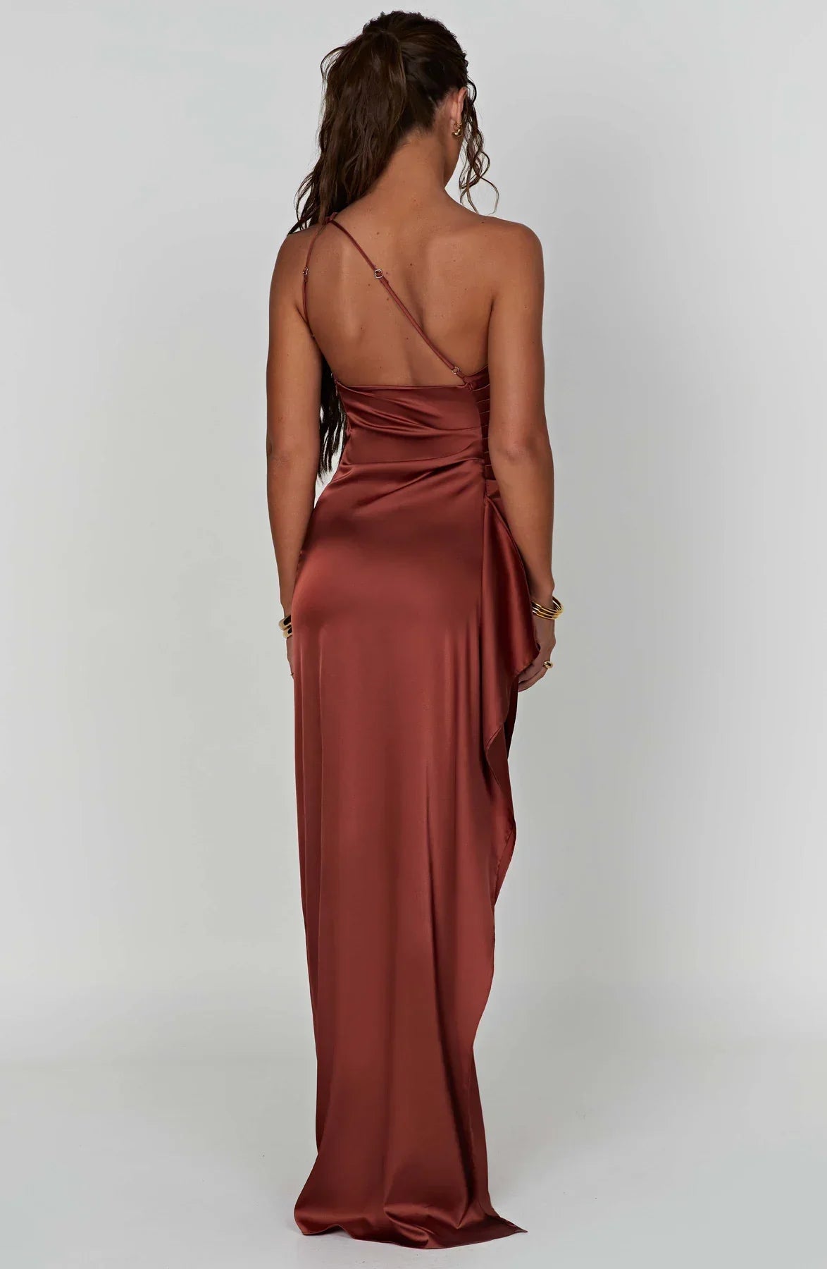 Women One Shoulder Pleated Satin Maxi Dress Slit Formal Gown - Image 47