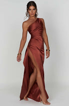 Women One Shoulder Pleated Satin Maxi Dress Slit Formal Gown - Image 46