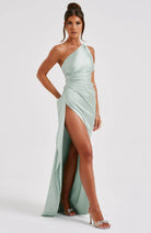 Women One Shoulder Pleated Satin Maxi Dress Slit Formal Gown - Image 50