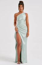 Women One Shoulder Pleated Satin Maxi Dress Slit Formal Gown - Image 53
