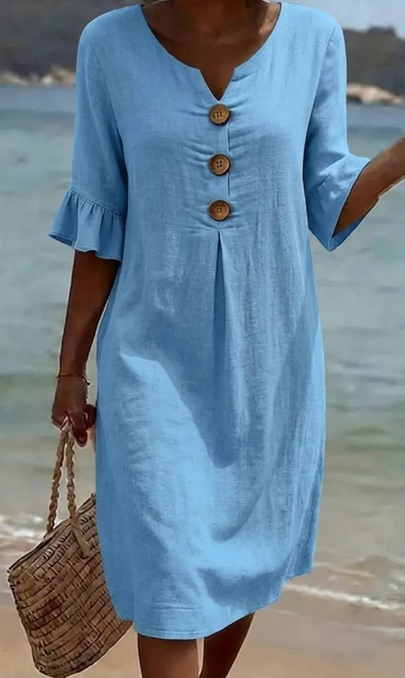 Women Linen Blend Midi Dress Loose Short Sleeve Button Front - Image 3