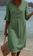 Women Linen Blend Midi Dress Loose Short Sleeve Button Front - Image 5