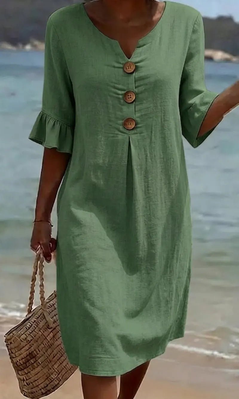 Women Linen Blend Midi Dress Loose Short Sleeve Button Front - Image 5