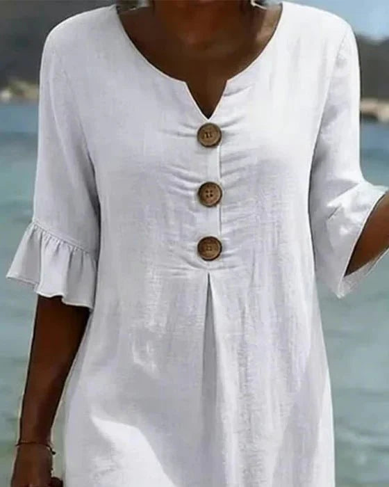 Women Linen Blend Midi Dress Loose Short Sleeve Button Front - Image 10