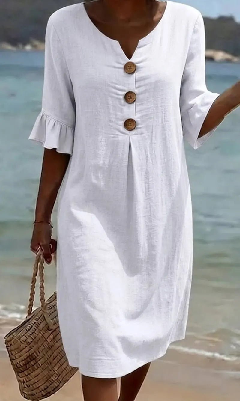 Women Linen Blend Midi Dress Loose Short Sleeve Button Front