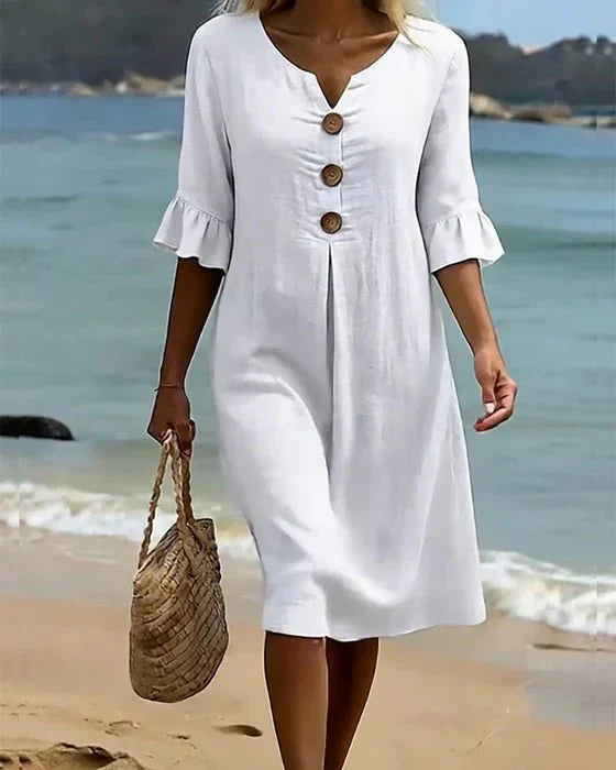 Women Linen Blend Midi Dress Loose Short Sleeve Button Front - Image 9