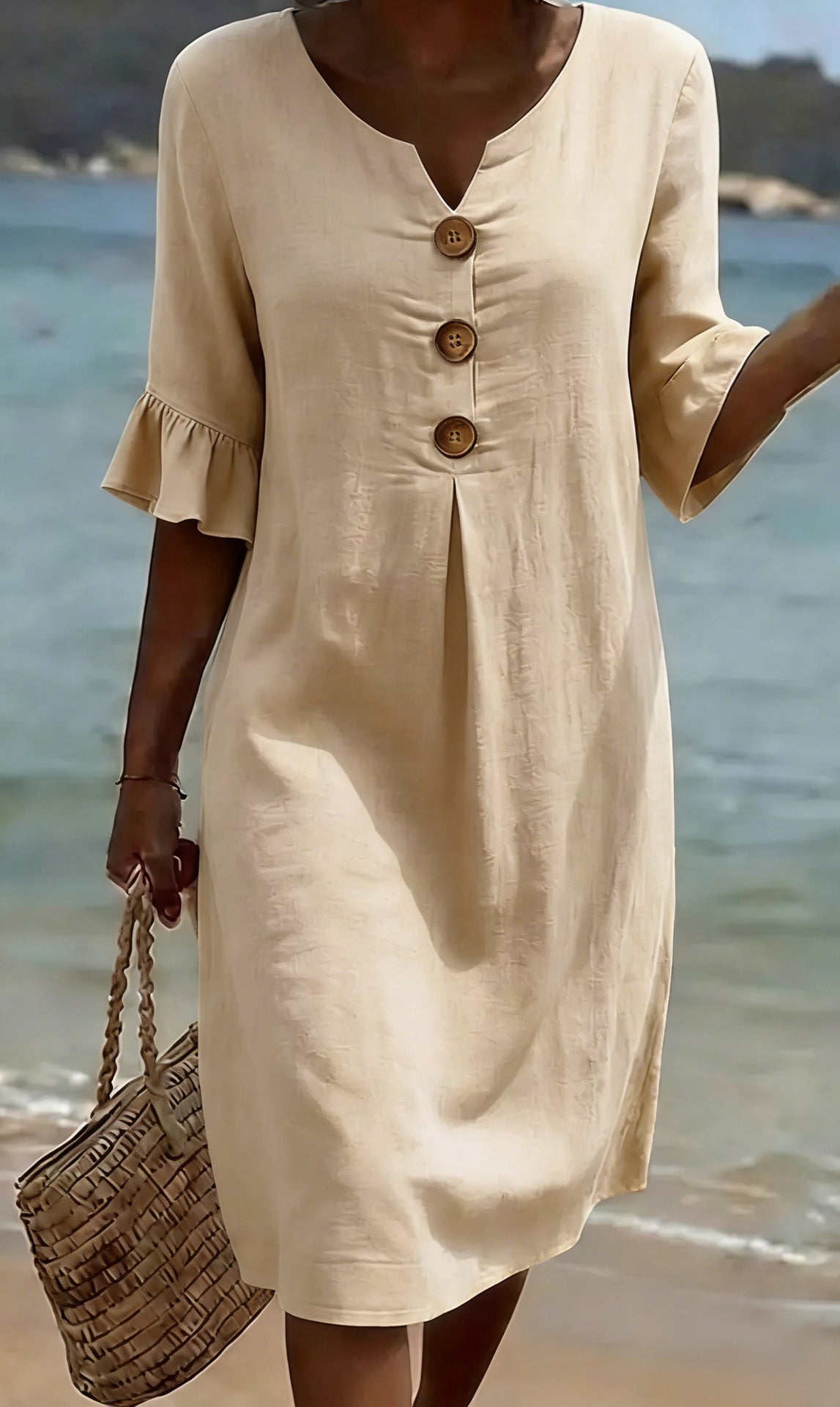 Women Linen Blend Midi Dress Loose Short Sleeve Button Front - Image 7